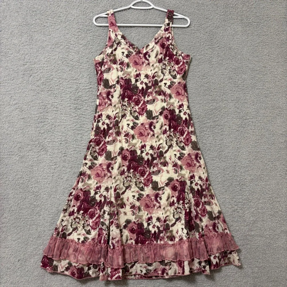 Fit & Flare Cotton Floral Midi Dress Ruffle Hem 12R Feminine Wedding Guest Party - Picture 7 of 12